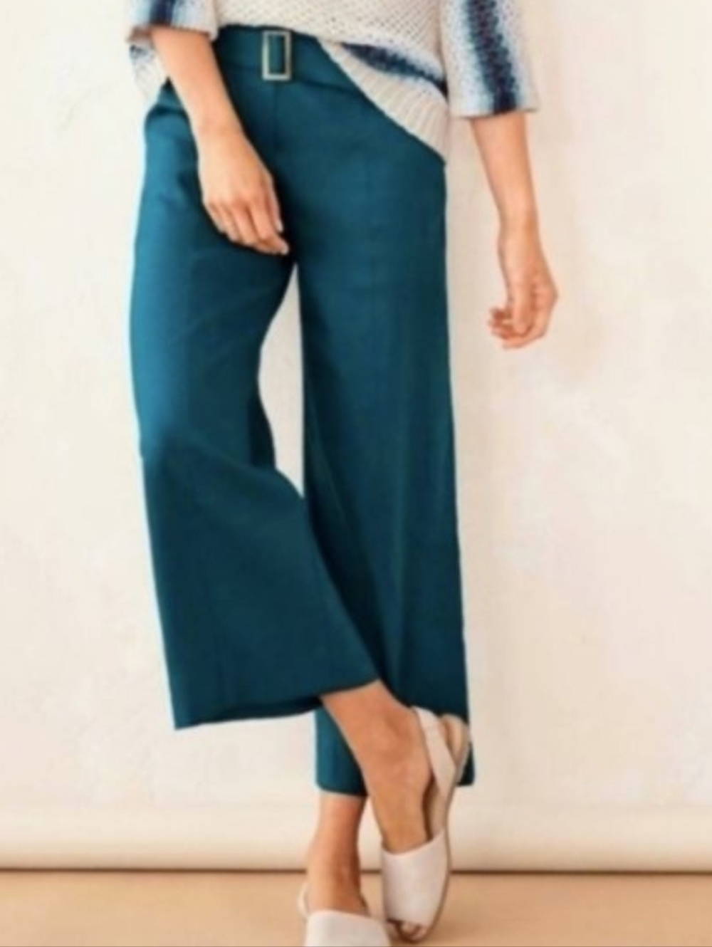 J. Jill Linen-Stretch Wide Leg Pull-On Striped Crop Capri Pants Women's Size M